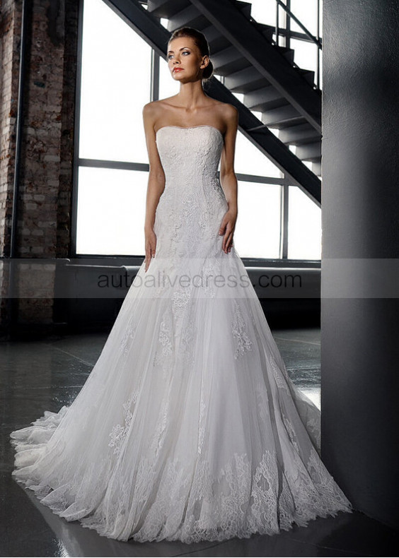A-line Ivory Lace Tulle Strapless Corset Back Court Train Wedding Dress 